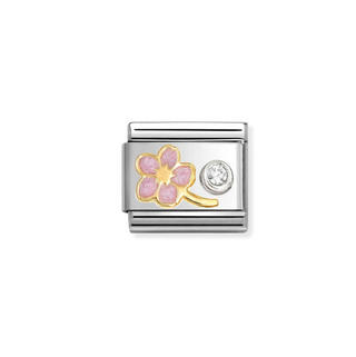 Nomination - Link SYMBOLS enamel, 750 gold, 925 sterling silver and cz MYOSOTIS FLOWER PINK CZ WHITE