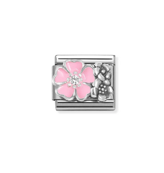 Nomination - Link SYMBOLS enamel, cz and 925 sterling silver PINK FLOWER WITH FLOWERS