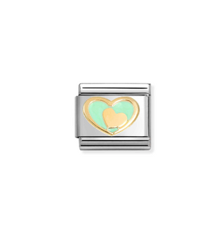 Nomination - Link LOVE 2 enamel and 18k gold HEART IN HEART PASTEL GREEN