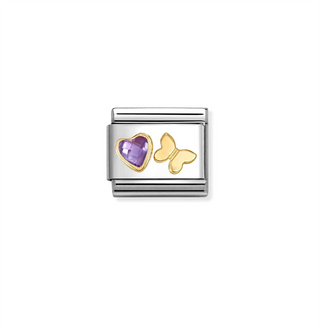 Nomination - Link CLASSIC cz faceted symbols steel 18k gold LIGHT PINK / PURPLE BUTTERFLY HEART