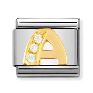A silver-toned modular charm link featuring a gold-colored letter 'A' embellished with three clear rhinestones, set against a plain white background. From nomination italy