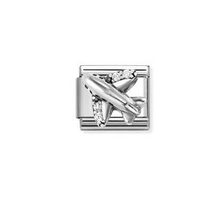 Nomination - Link CLASSIC oxidized symbols steel 925 sterling silver cubic zirconia WHITE AIRPLANE