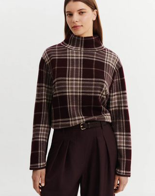 BOMPARD - Loose High Neck Tartan Sweater - Grenat/Millet