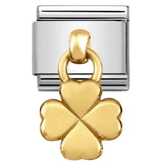 A two-tone Italian charm link featuring a polished silver-tone rectangular base and a dangling gold-tone four-leaf clover charm, shown on a plain white background.