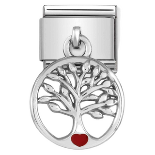 A silver-toned metal charm link featuring a circular tree of life pendant with a small red heart at the bottom, shown on a plain white background.