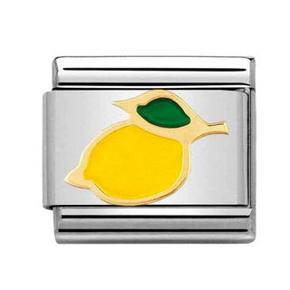 A rectangular silver-toned metal charm link featuring a lemon design with yellow enamel, a green leaf, and gold-toned outlines, shown on a plain white background.