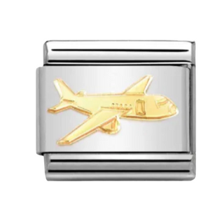 A rectangular silver-toned metal charm link featuring a polished gold-toned airplane motif in the center, isolated on a white background.
