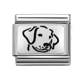 A rectangular silver-toned metal charm link featuring a black engraved outline of a dog's face on a white background.
