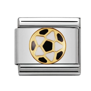 A rectangular silver-toned metal charm link featuring a circular gold-toned soccer ball motif with black and white enamel details, shown on a plain white background.