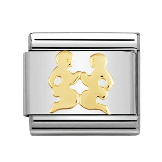 A rectangular silver-toned metal charm link featuring a polished gold-toned emblem of two seated figures facing each other, shown on a plain white background. From Nomination Italy