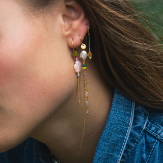 STINE A - Petit Gemstones & Baroque Pearl Earring W/Long Chain - Sorbet Mix