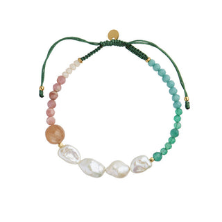 STINE A - Powder Fall Bracelet W/Stones & Pearls & Pine Green Ribbon